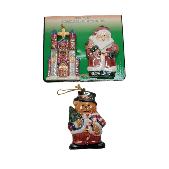 🎄 Vintage Ornament Trio | Santa Church Bear 🧸3–4" Tall Holiday Splendor ✨ - Picture 6 of 14